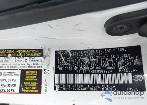 2012 Toyota Camry Se from USA, damaged, VIN 4T1BF1FK6CU564220